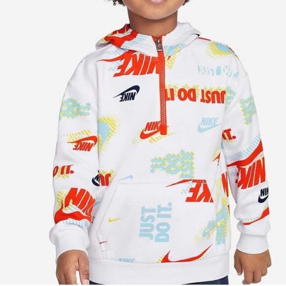 Nike Boys Active "Just Do It" LS Pullover Hooded 1/4 Zip Sweatshirt White - Picture 1 of 15